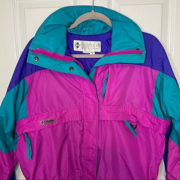 COLUMBIA Vintage Multicolour Retro Neon Pink Long Jacket Coat Medium - Picture 2 of 6